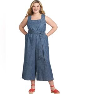 LANE BRYANT Chambray Square Neck Tie Waist Sleeveless Jumpsuit Pockets Plus Sz18